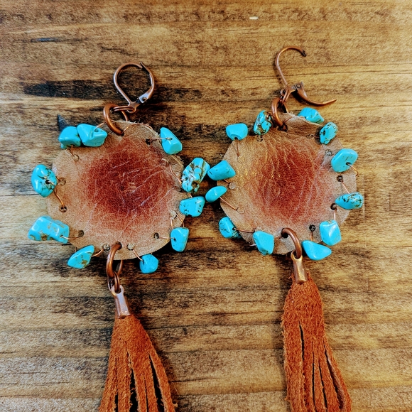 Hand Crafted Turquoise and Brown Earrings - Picture 3 of 5